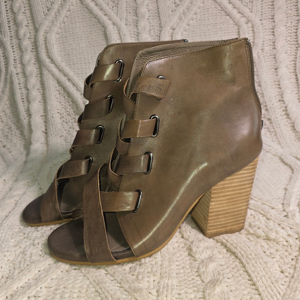 Antelope Leather Ribbon Heeled Ankle Booties Brown Peep Toe Women 40 9-9.5‎ NEW
